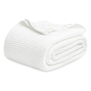 Bedsure Breathable and Soft 100% Cotton Waffle Weave Blanket Queen Size for Summer and Spring, White, 90x90 Inches Bed