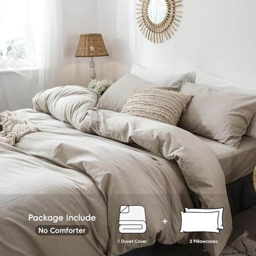 410w8fsdcjl 1.jpg MooMee Bedding Duvet Cover Set for Queen Bed - Heathered Tannish Linen Grey, 100% Washed Cotton Linen Like Textured Brea