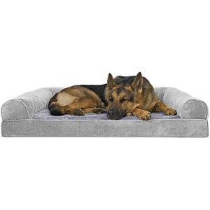 Furhaven Large Dog Bed for Large Dogs - Removable Bolsters & Washable Cover, Up to 95 lbs, Faux Fur Sofa, Smoke Gray, Ju