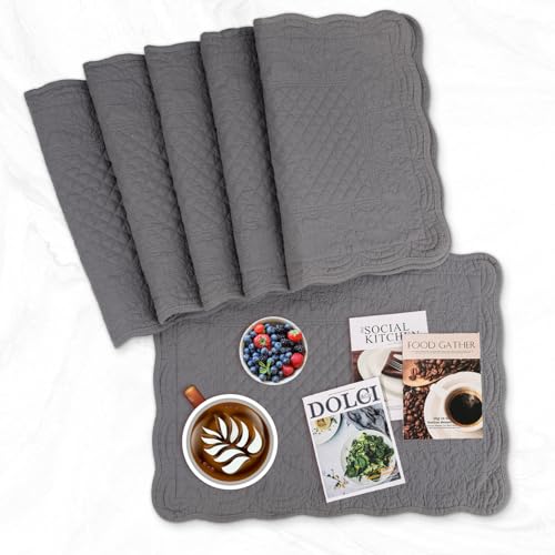 411b1jban3l.jpg Gray 100% Cotton Quilted Placemats Set of 6 for Kitchen and Dining Room Machine Washable Rectangular Placemats (13"x18")