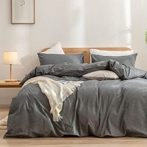 BESTOUCH Dark Grey Queen Size 100% Washed Cotton Linen Feel Duvet Cover Set Super Soft Comfortable Chic Lightweight 3 PC