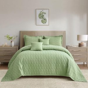 Oversized King Bedspread 128x120, Modern & Contemporary Look, Reversible, 5 Piece Set, King/Cal King, Sage Green - Li