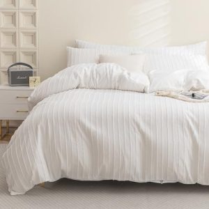 JELLYMONI Boho Striped Duvet Cover Queen Size White - 3PCS Microfiber Tufted Comforter Bohemian Textured Set with Corner
