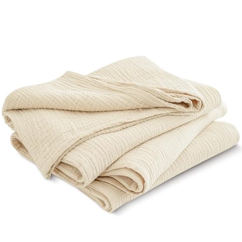 416bwiidhl.jpg PHF 100% Cotton Muslin Blanket for Bed, Queen Size 90" x 90" - Luxuriously Soft, Lightweight and Breathable, Beige/Birch