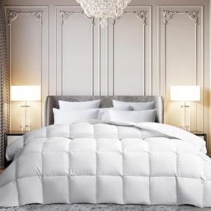 Martha Stewart White Goose Feather Down Fiber Queen Size Comforter - All Season Duvet Insert with 8 Corner Loops