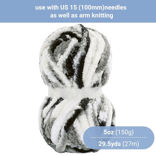 417uuwtucwl.jpg HOMBYS Super Bulky Plush Big 8 Pack Tie Dye Chunky Chenille Yarn for Arm Knitting (8, Black, Dark Grey, White) | HOM