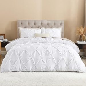 Litanika White Queen Size Pinch Pleat Duvet Cover Set Soft Microfiber Bedding with Zipper & Corner Ties Top Rated & Best