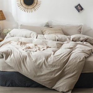 MooMee Bedding Duvet Cover Set for Queen 100% Washed Cotton Linen Like Textured Breathable Durable Soft Comfy (Heathered