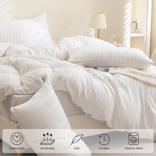 41eansogkdl.jpg JELLYMONI Boho Striped Duvet Cover Queen Size White - 3PCS Microfiber Tufted Comforter Bohemian Textured Set with Corner