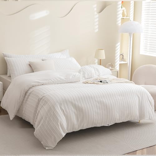 41eu5swnjll.jpg JELLYMONI Boho Striped Duvet Cover Queen Size White - 3PCS Microfiber Tufted Comforter Bohemian Textured Set with Corner