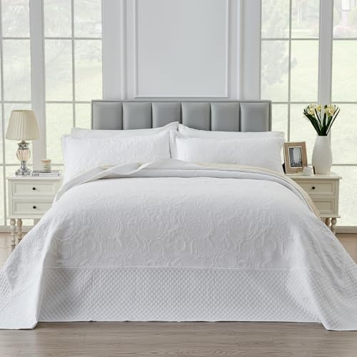 41g9r pdwql.jpg California King Oversized Bedspread Set 128x120 inches White Paisley Quilt with Shams California King Extra Wide Quilt S