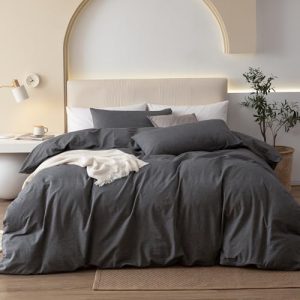 JIYUAN 100% Washed Cotton Duvet Cover Set Queen Linen Feel Bedding Set Comfy and Breathable Heathered Dark Grey