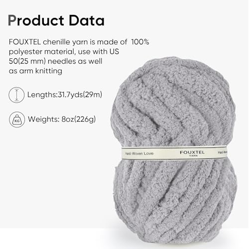 41nnoaitasl.jpg Chunky Chenille Yarn for Crocheting and Knitting - Light Grey Jumbo Pack | Super Bulky Chunky Yarn for Hand Knitting