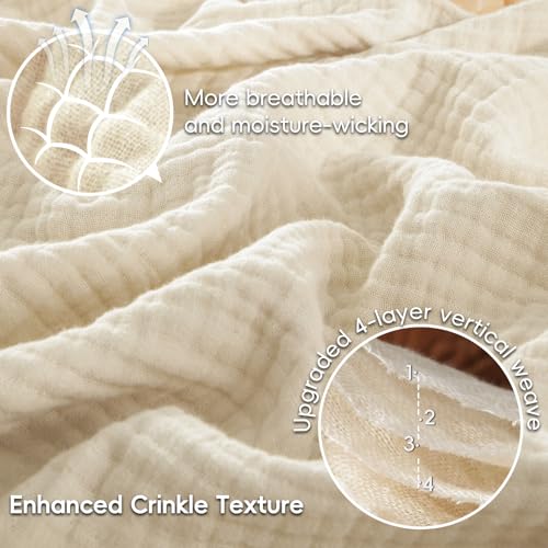41ptcel9onl.jpg PHF 100% Cotton Muslin Blanket for Bed, Queen Size 90" x 90" - Luxuriously Soft, Lightweight and Breathable, Beige/Birch