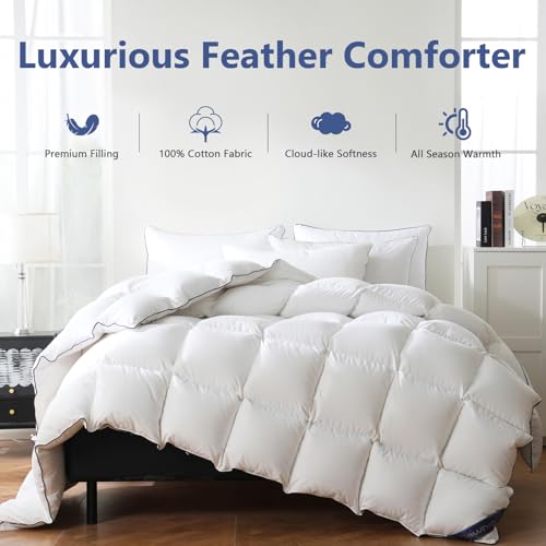 41q0bkrr9tl 1.jpg DOWNCOOL Feather Comforter, King Size, White Fluffy Duvet with Ultra Soft 100% Cotton Cover, All Season Luxurious Beddin