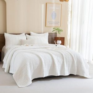 CozyTide 100% Cotton White Waffle Quilt Set for King Bed, Soft Lightweight 128"x120" Bedspread, Suitable for All Seasons