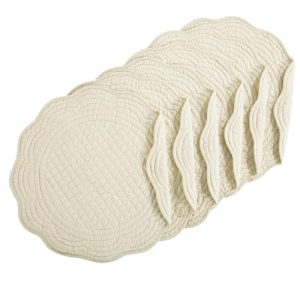 HOMBYS Washable Quilted Placemats Set of 6 Kitchen Table Mat 14 Inch Round Flax OEKO-TEX Standard 100 HOMBYS Round Place