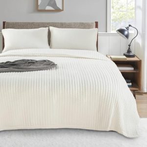 KASENTEX Ultra Soft Quilt Coverlet Blanket Set - Machine Washable, Lightweight, Stone-Washed, Detailed Stitching (Ivory,