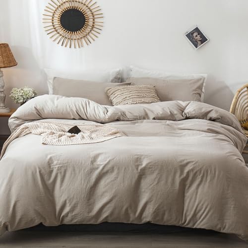 41ym2dxocbl 1.jpg MooMee Bedding Duvet Cover Set for Queen Bed - Heathered Tannish Linen Grey, 100% Washed Cotton Linen Like Textured Brea