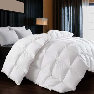 WhatsBedding Oversized White Feather Down Comforter, 100% Cotton, 4 Corner Loops, King Size