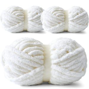 100% Polyester Chunky Chenille Yarn - White, 3-Pack for Hand Knitting & Crocheting