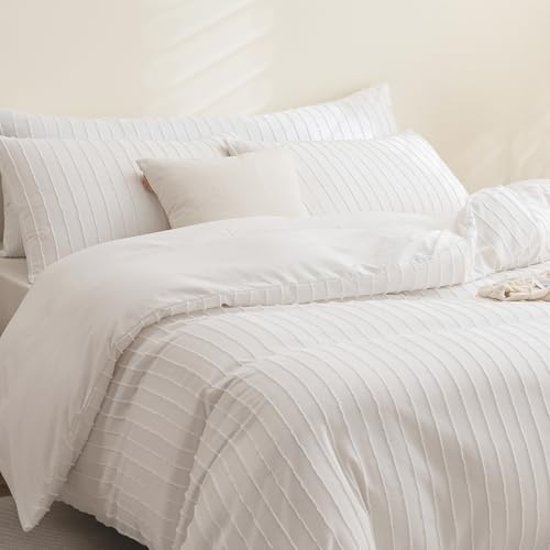 41bgcwx7h9l.jpg JELLYMONI Boho Striped Duvet Cover Queen Size White - 3PCS Microfiber Tufted Comforter Bohemian Textured Set with Corner