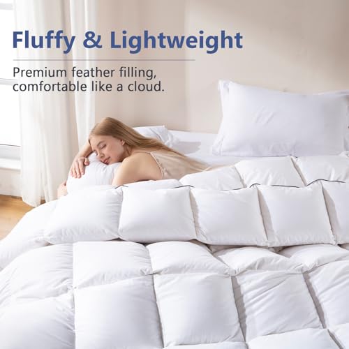 41ckouyyjal 1.jpg DOWNCOOL Feather Comforter, King Size, White Fluffy Duvet with Ultra Soft 100% Cotton Cover, All Season Luxurious Beddin