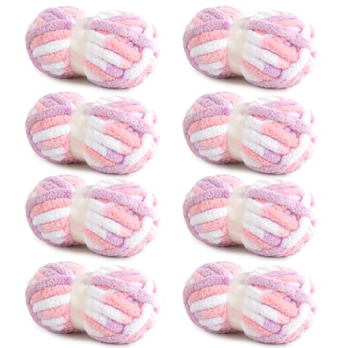 41eahyrxmil 1.jpg HOMBYS Super Bulky 8 Pack Giant Chunky Yarn for Crocheting/Hand Knitting | Large Soft Fluffy Pink and Purple Tie Dye