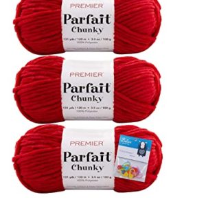 Premier Yarns Parfait Chunky Chenille Yarn |5 Oz 3 Pack Bundle with Stitch Markers (Cardinal)