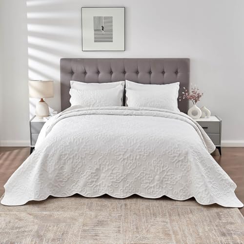 41ksiexhwpl 1.jpg Extra Wide Oversized King Bedspreads for Tall King and California King Beds in White | Lightweight 3 Piece Quilted C