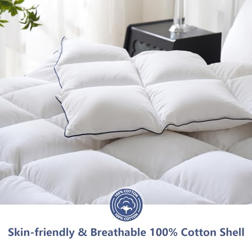 41t0uvjr4kl 1.jpg DOWNCOOL Feather Comforter, King Size, White Fluffy Duvet with Ultra Soft 100% Cotton Cover, All Season Luxurious Beddin