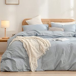 BESTOUCH Cornflower Blue Queen Duvet Cover Set 100% Washed Cotton Super Soft Comfortable Chic Lightweight 3 PCs Home Bed