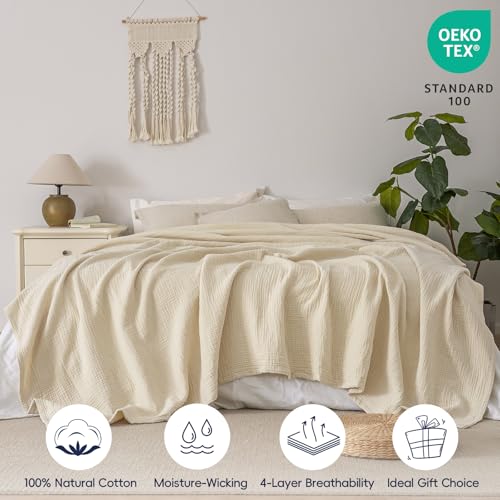 41z7mv2ihl.jpg PHF 100% Cotton Muslin Blanket for Bed, Queen Size 90" x 90" - Luxuriously Soft, Lightweight and Breathable, Beige/Birch