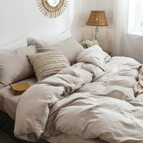 51 0lq pbal 1.jpg MooMee Bedding Duvet Cover Set for Queen Bed - Heathered Tannish Linen Grey, 100% Washed Cotton Linen Like Textured Brea