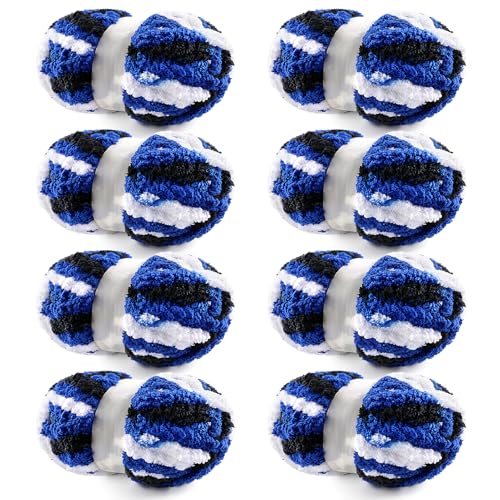 51 buqpk ql 1.jpg Chunky Chenille Blanket Yarn for Crocheting and Hand Knitting (Black, White, Blue) | Jumbo Fluffy Super Bulky Yarn f