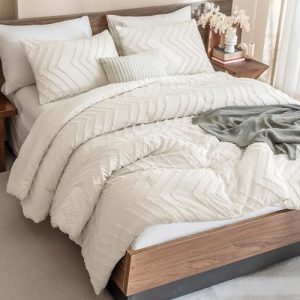 Beige Chevron Boho King Comforter Set, Soft & Warm 3-PieceBedding