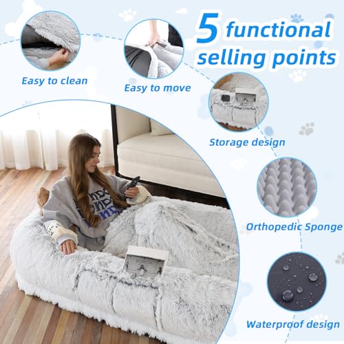 511uqn6iqbl.jpg Orthopedic Dog Bed for People and Pets - 71"x45"x12" Size, Washable Faux Fur, Grey Wearable Orthopedic Dog Bed with Plum