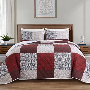 HOMBYS 128x120 Oversized King Bedspread Red&White&Brown HOMBYS Lightweight & Soft Oversized King Quilt Set Red&White&Bro
