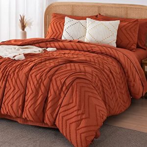 Litanika Burnt Orange Oversized King Bed in a Bag Set - 7 Pieces Boho Tufted Comforter, Sheets, Pillowcases & Shams