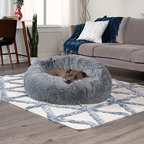 518xwzgr2zl.jpg Furhaven Large 36" Round Calming Donut Bed for Large/Medium Dogs - Gray, Shaggy Plush Long Faux Fur Donut Bed - Refillab