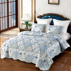 Extra Wide Super King Size Floral Plaid Quilt Set for Comfortable Bedding | Blue Oversized King Size Reversible Quil