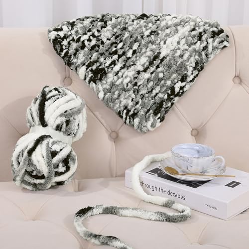 51cfxhe40sl.jpg HOMBYS Super Bulky Plush Big 8 Pack Tie Dye Chunky Chenille Yarn for Arm Knitting (8, Black, Dark Grey, White) | HOM