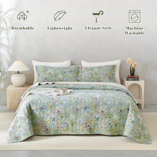 51cymyyrh8l.jpg QSH Green Floral Quilt Oversized King Bedding Set for Couple | 100% Cotton Extra Wide Green Floral Quilt Coverlet Ki
