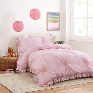HOMBYS Pink Blush Pinch Pleat Comforter Set for Girls All Season with Matching Sheets and Shams