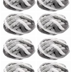 Chunky Chenille Yarn, Multi Grey & White, 8 Pack, Super Soft Thick Fluffy