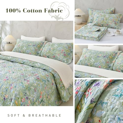 51fhfx99ail.jpg QSH Green Floral Quilt Oversized King Bedding Set for Couple | 100% Cotton Extra Wide Green Floral Quilt Coverlet Ki