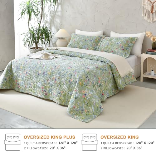 51gvnq4rbil.jpg QSH Green Floral Quilt Oversized King Bedding Set for Couple | 100% Cotton Extra Wide Green Floral Quilt Coverlet Ki