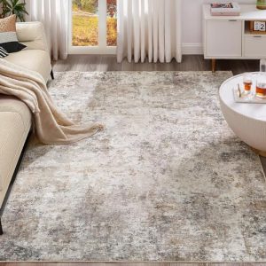 Modern Abstract 5x7 Area Rug - Washable Neutral Soft Indoor Rug for Living Room, Bedroom, and Home Office - Brown Grey N