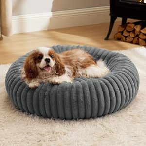 Bedsure Warm Grey Washable Medium Donut Dog Bed for Indoor Use - Round Anti Slip Faux Fur & Corduroy Fleece Coverzion, 3