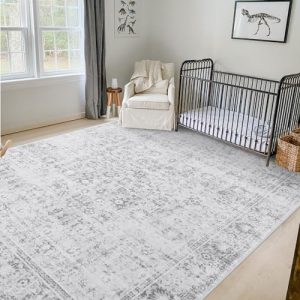 LIVEBOX 8x10 Vintage Grey Boho Rug for Living Room and Bedroom, Non-Slip Retro Floral Design, Distressed Accent Carpet f